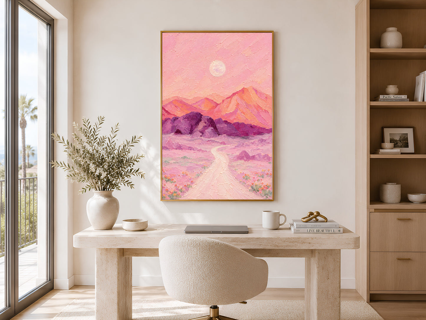 Surreal desert moon print framed near a window in a bright home office with wood furniture.
