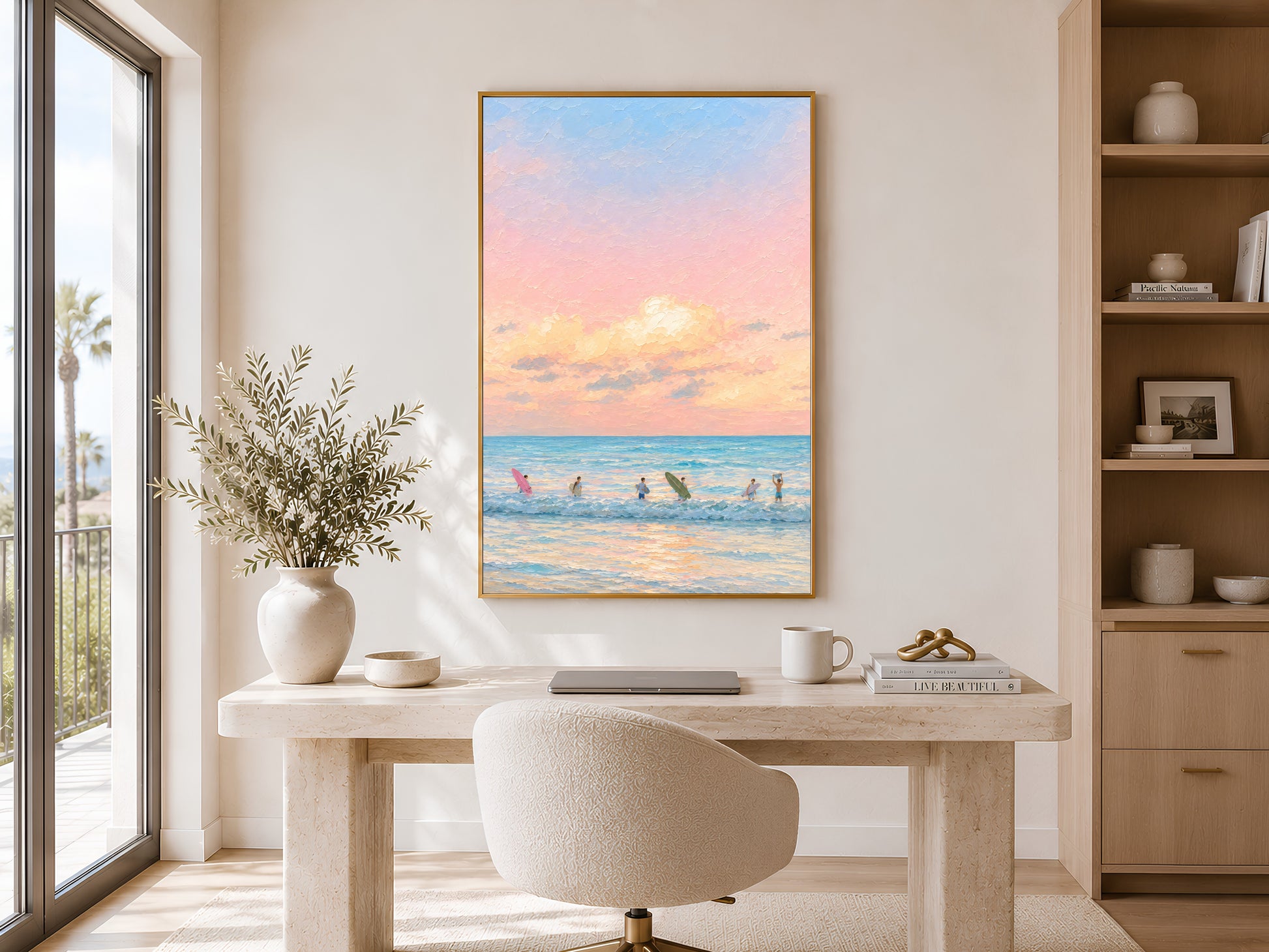 Framed impasto pastel sunset surf print on warm white wall in minimal home office with wooden table and white chair
