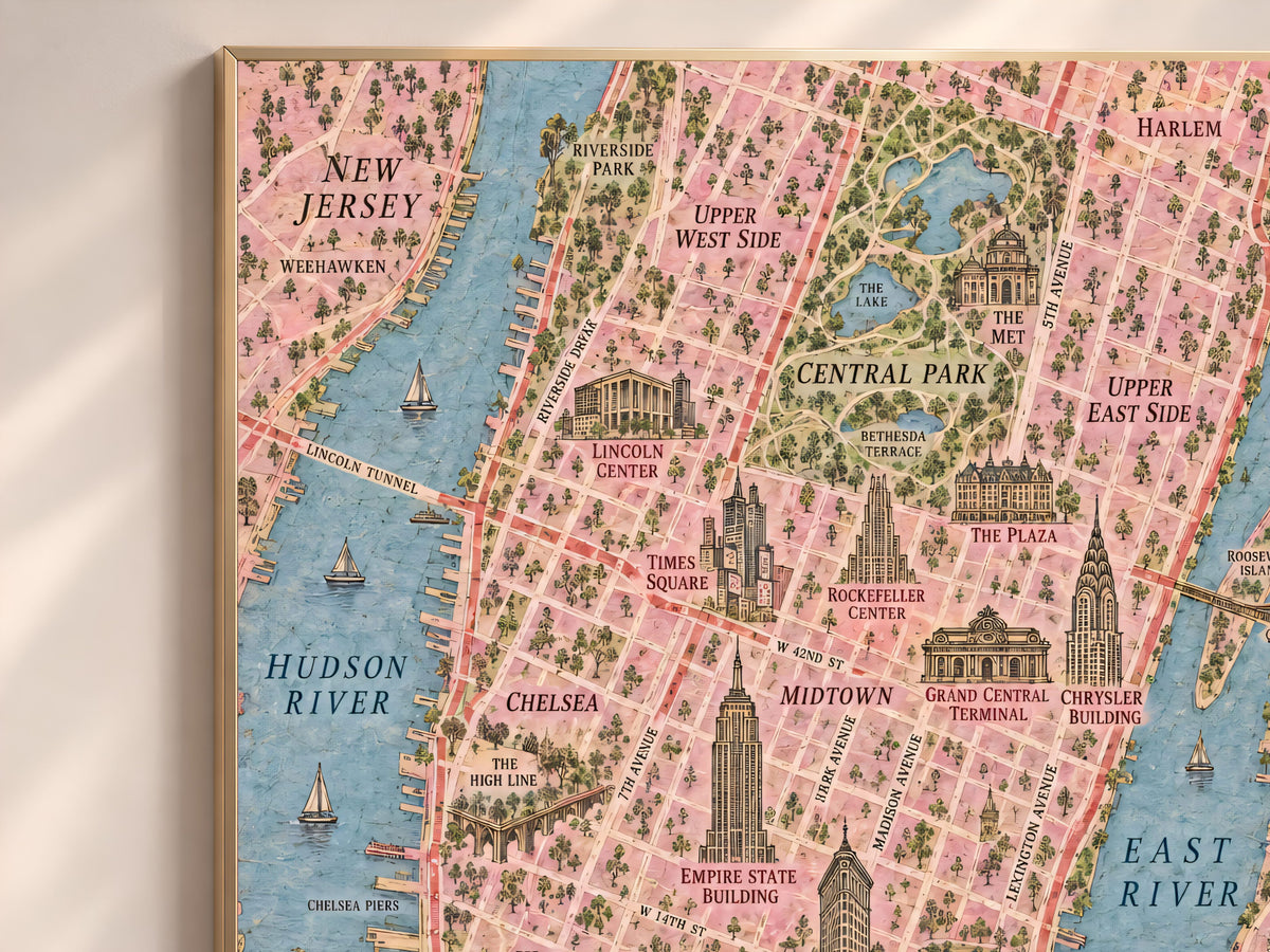 New York City Map Wall Art, Illustrated Manhattan Map Print - Digital Download