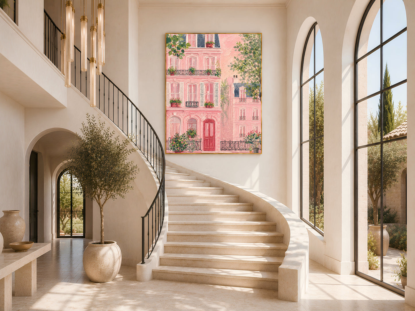 Impasto pink Parisian building wall art in a gold frame on a curved white staircase landing with tall dried botanicals and large arched windows with natural light
