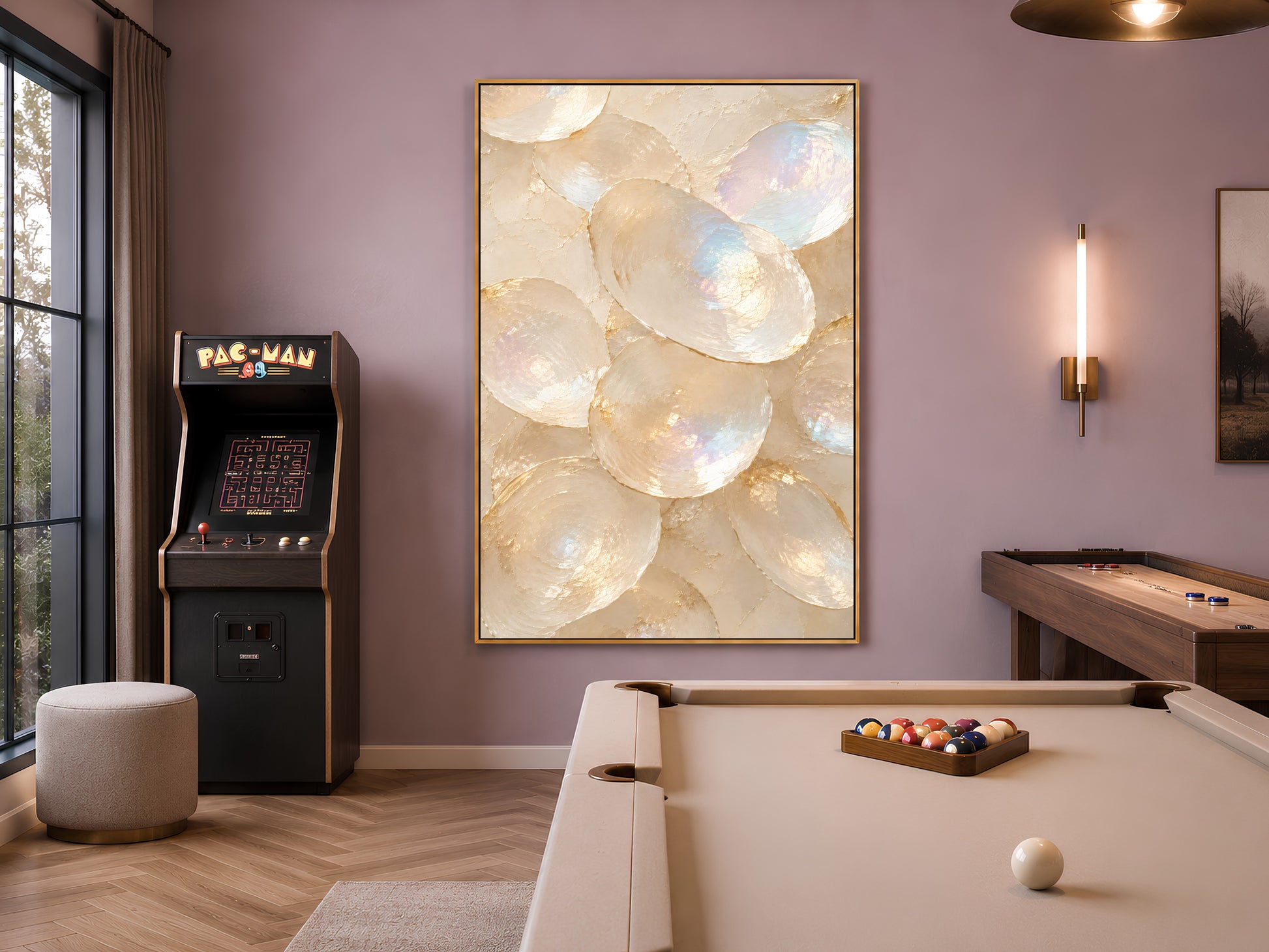 Oyster shell print framed in gold hanging in moody purple room with pool table in background
