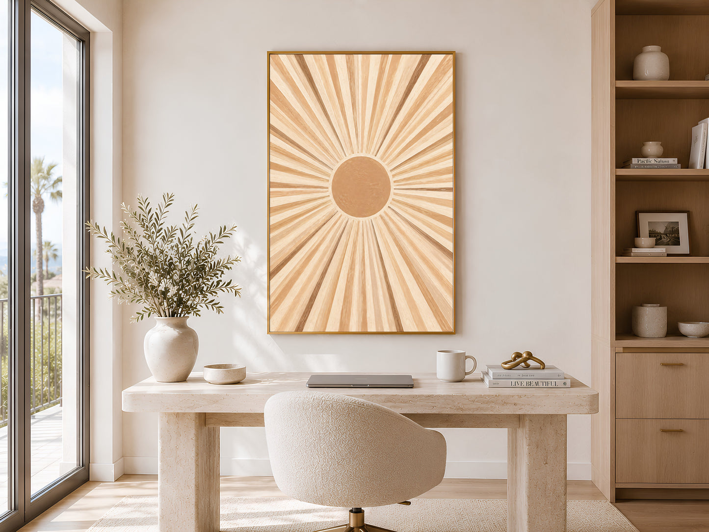 Framed impasto sunburst print on warm white wall in minimal home office with wooden desk and white chair

