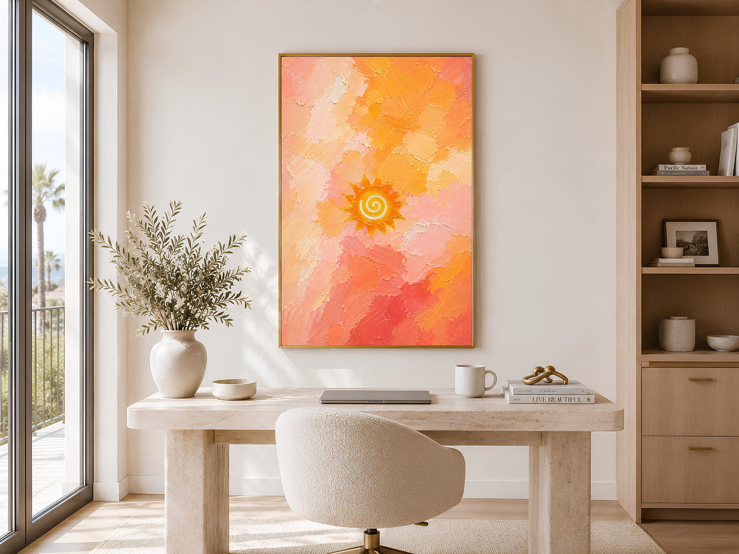Boho sun spiral printable wall art framed near a window in a bright home office with wood furniture.
