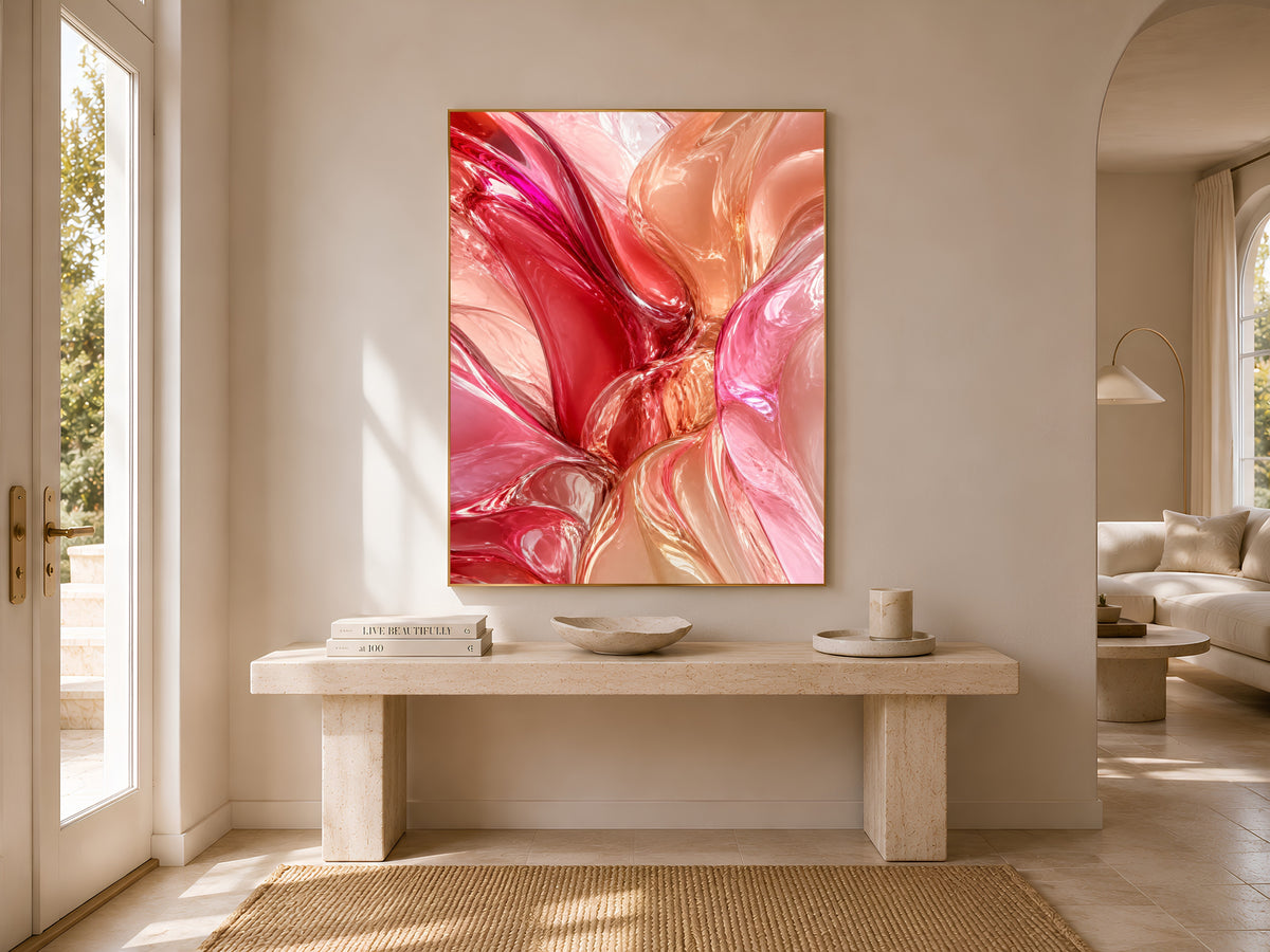 Liquid Glass Abstract Wall Art, Pink Coral 3D Render Print - Digital Download