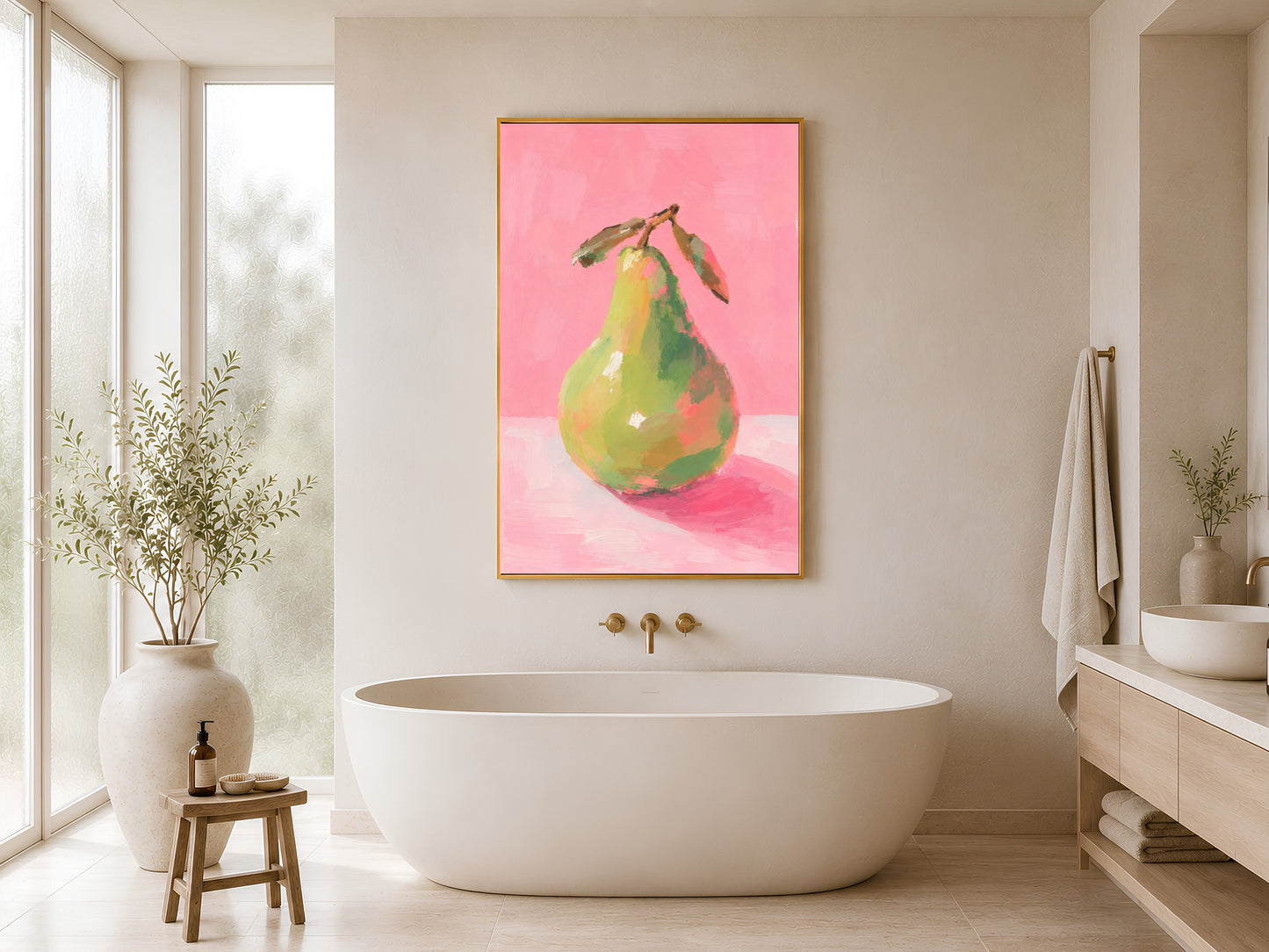Framed impasto green pear print on white wall in minimal bathroom beside freestanding soaking tub and wooden stool

