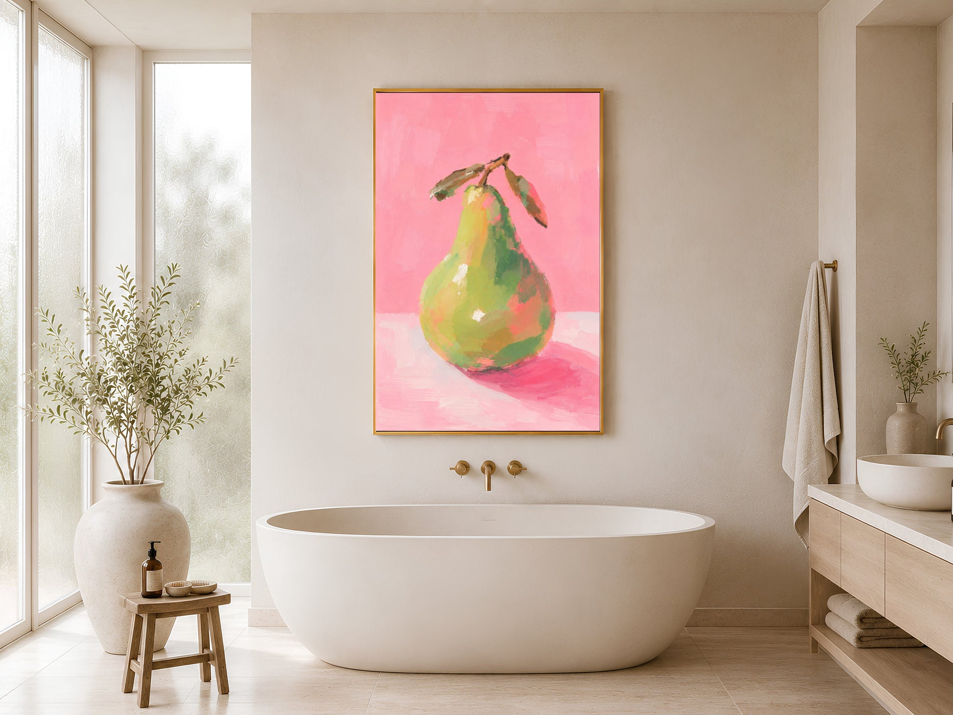 Framed impasto green pear print on white wall in minimal bathroom beside freestanding soaking tub and wooden stool
