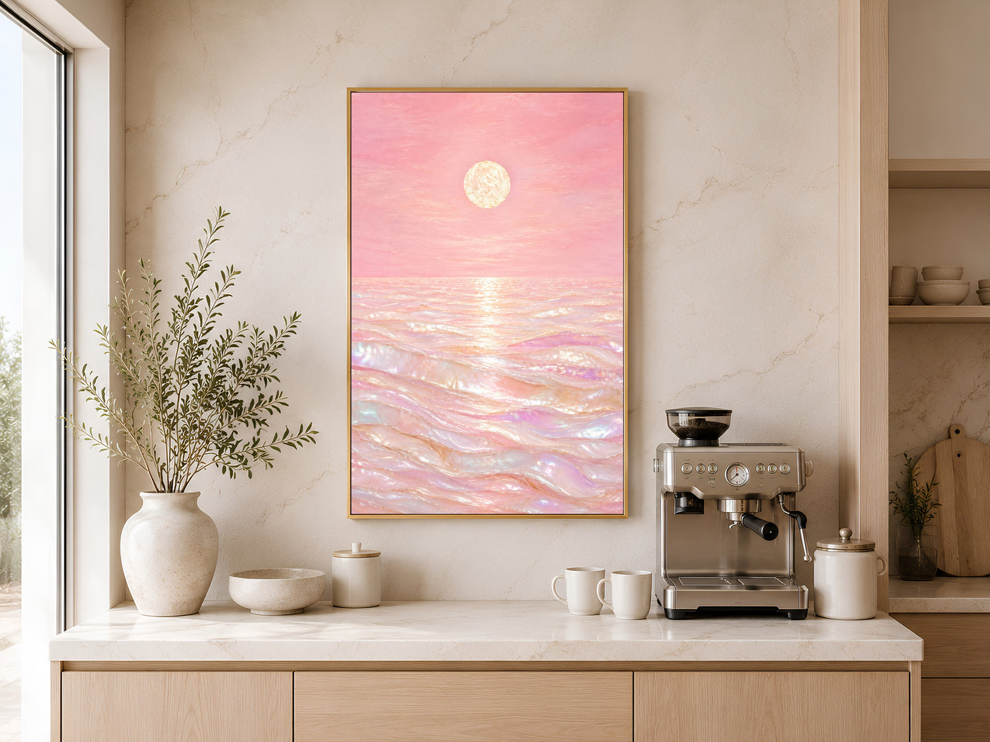 Pink capiz shell ocean wall art above home coffee bar with espresso machine and vase
