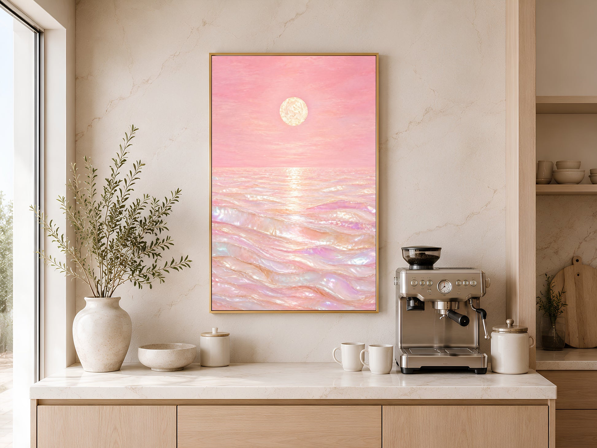 Pink capiz shell ocean wall art above home coffee bar with espresso machine and vase
