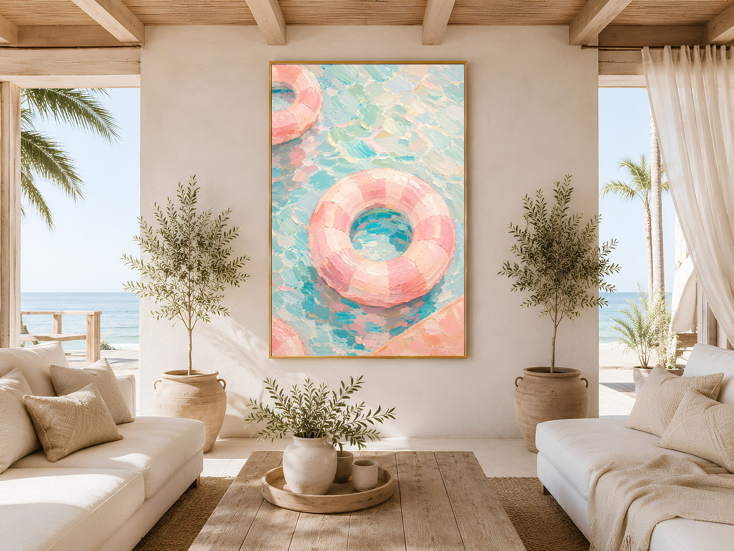 Pastel pool ring print in gold frame displayed in a bright coastal bedroom with palm view and linen bedding