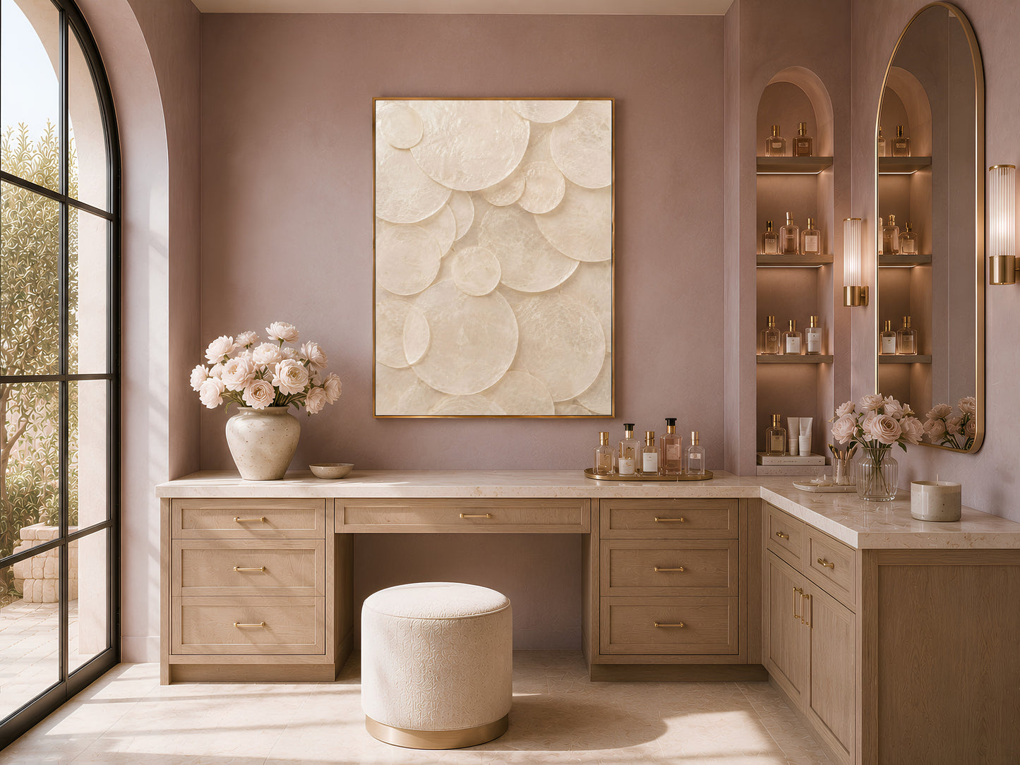 Framed capiz shell mosaic print on a mauve wall above a vanity desk with flowers and mirror