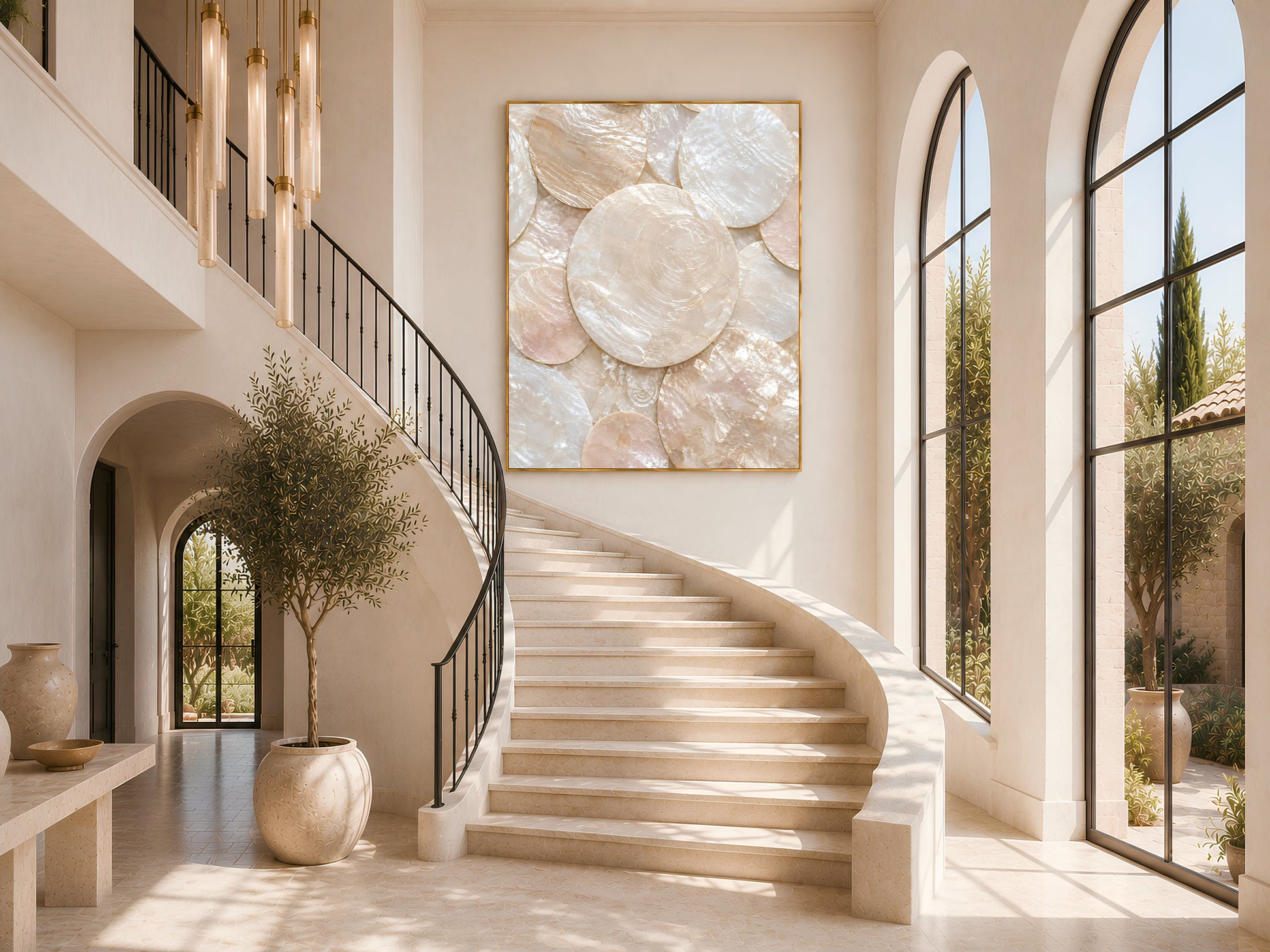 Capiz shell wall art print in a gold frame at the base of a curved staircase in a bright entryway
