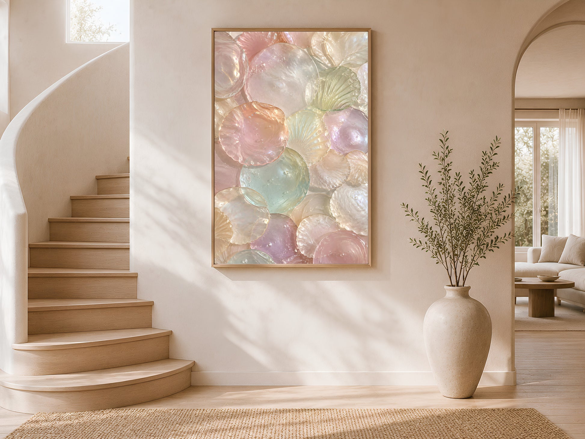 Murano Glass Shell Wall Art in Neutral Staircase Entryway, Mother of Pearl Inspired Pastel Coastal Artwork