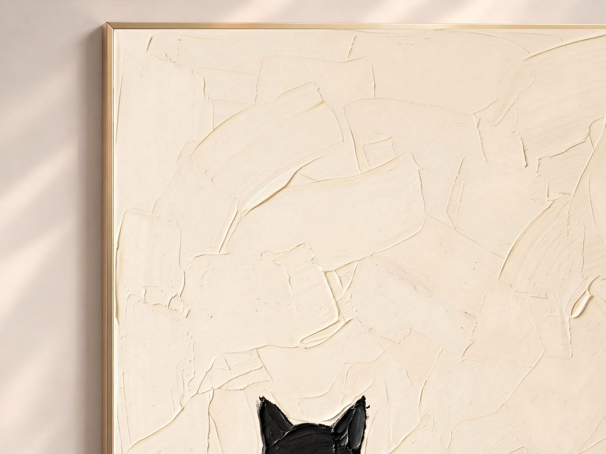 Minimalist Black Cat Wall Art, Impasto Oil Painting Print - Digital Download