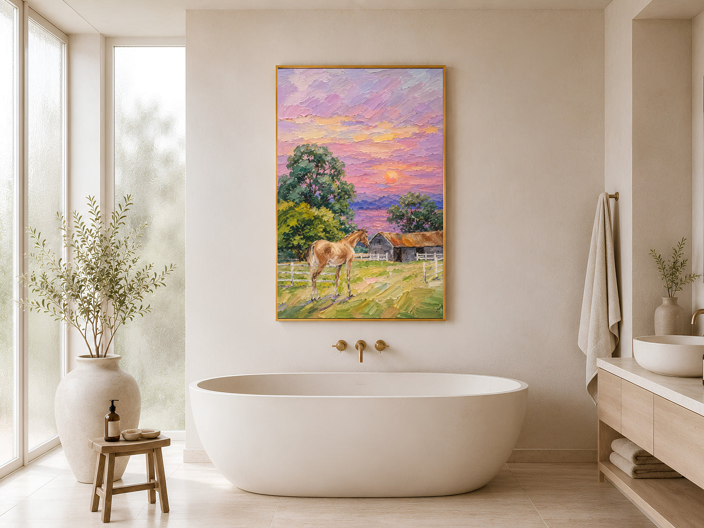 Farmhouse horse sunset impasto painting in a gold frame displayed in a warm neutral bathroom with a freestanding tub, neutral botanicals, round stool, and soft natural light
