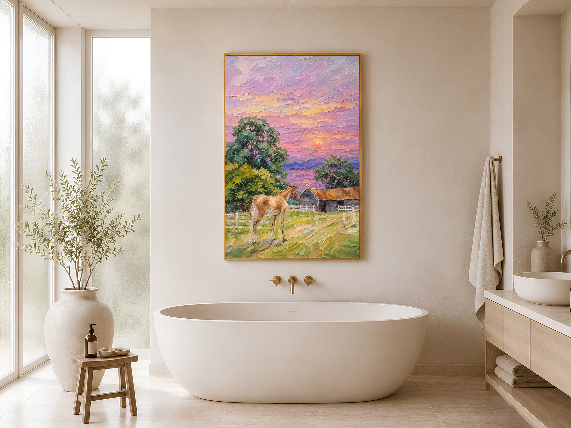 Farmhouse horse sunset impasto painting in a gold frame displayed in a warm neutral bathroom with a freestanding tub, neutral botanicals, round stool, and soft natural light
