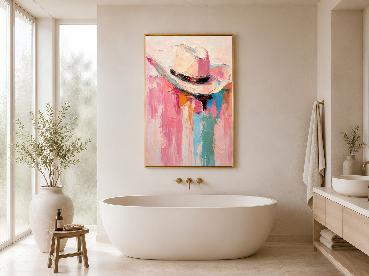 Framed impasto cowgirl hat print on white wall in minimal bathroom beside freestanding soaking tub and wooden stool

