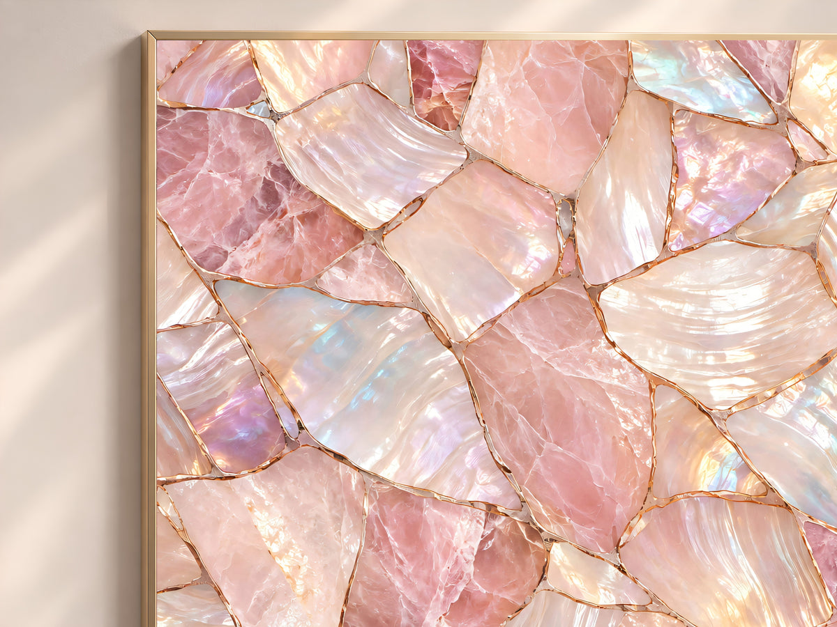 Rose Quartz Wall Art, Pink Mother of Pearl Print, Blush Crystal Mosaic, Glam Bedroom Decor, Feminine Iridescent Poster, Instant Download