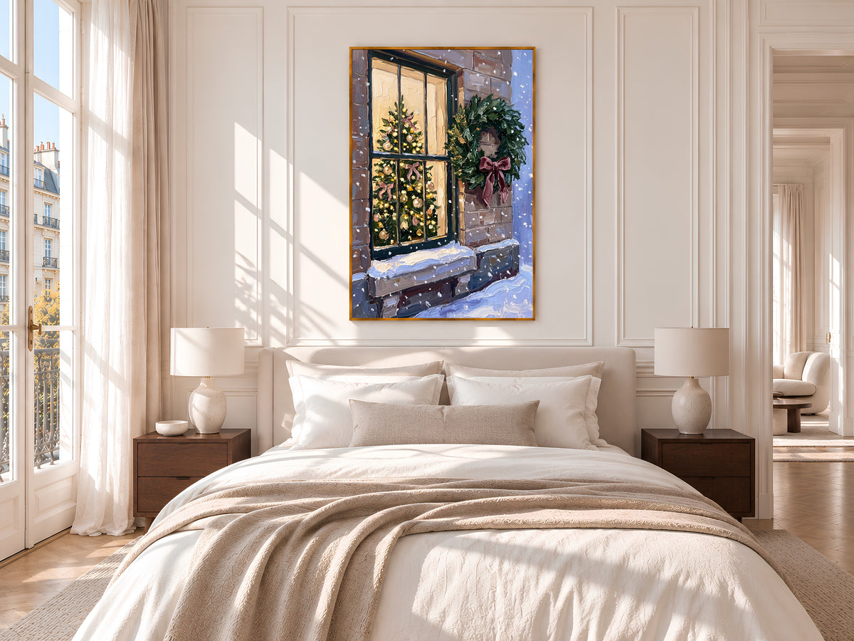 Christmas Window Painting Print, Snowy Winter Scene with Wreath and Christmas Tree, Pink Bow Holiday Wall Art, Printable Digital Download