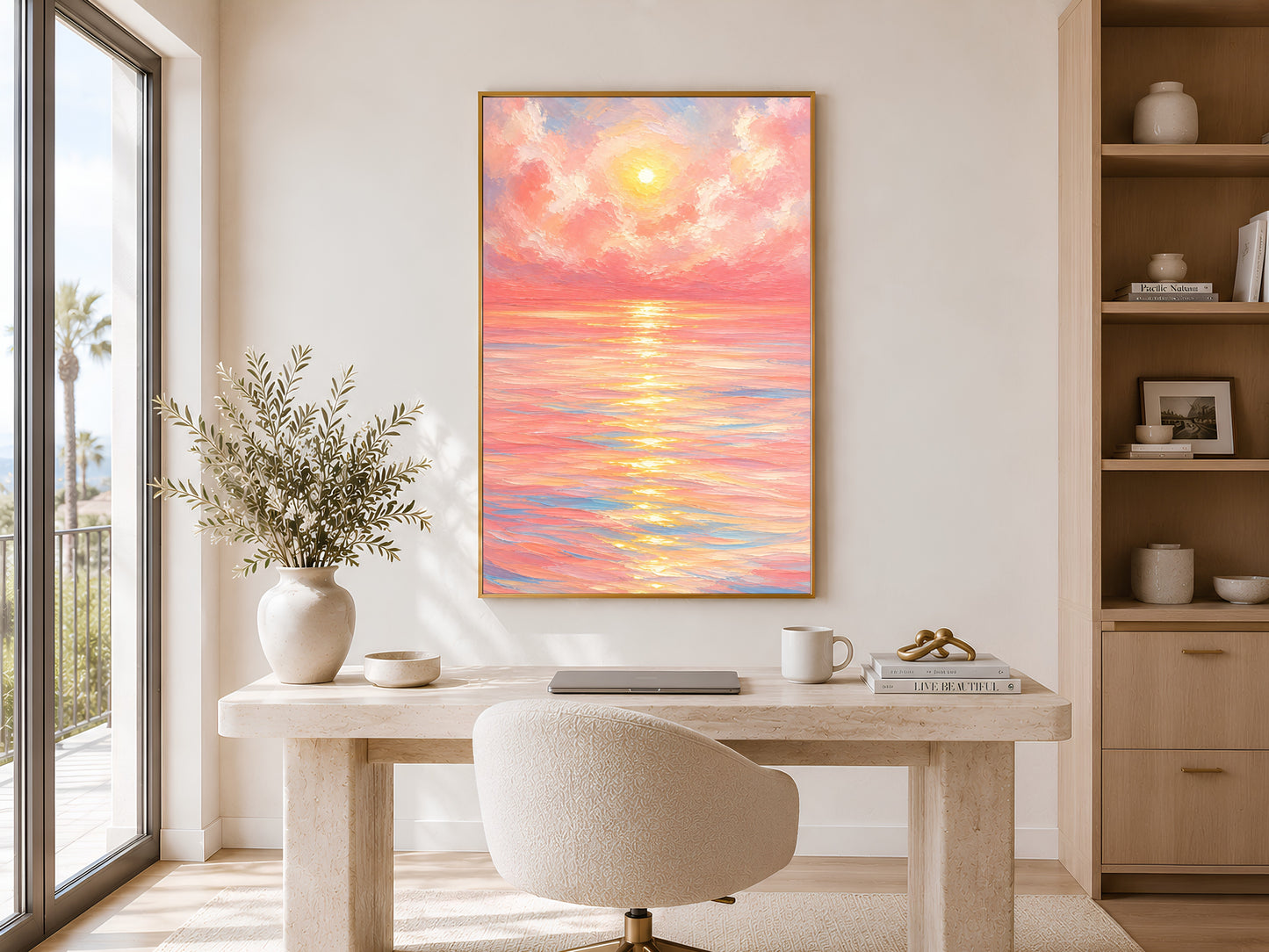 Framed impasto pink sunset ocean print on warm white wall in minimal home office with wooden desk and white chair
