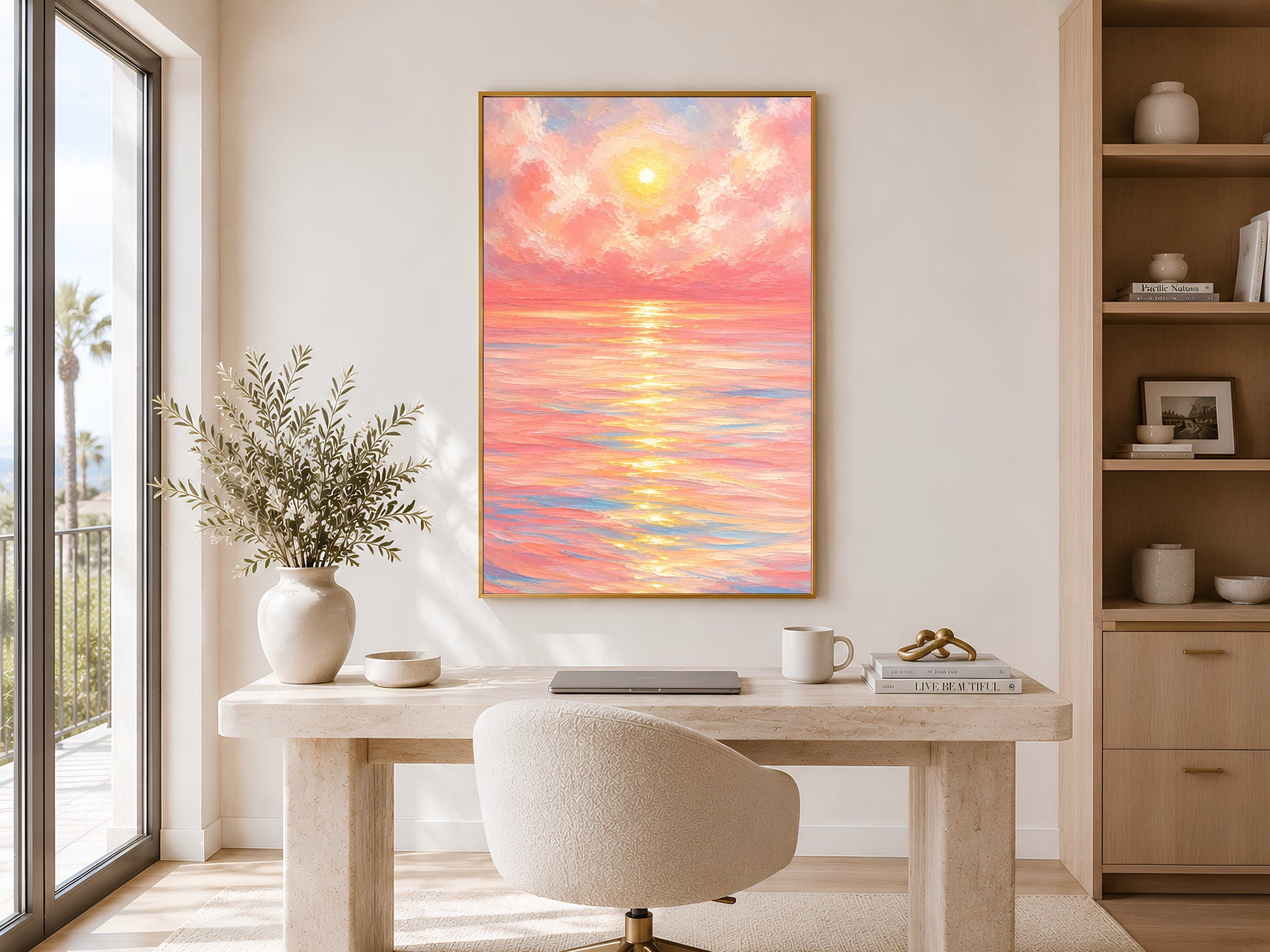 Framed impasto pink sunset ocean print on warm white wall in minimal home office with wooden desk and white chair
