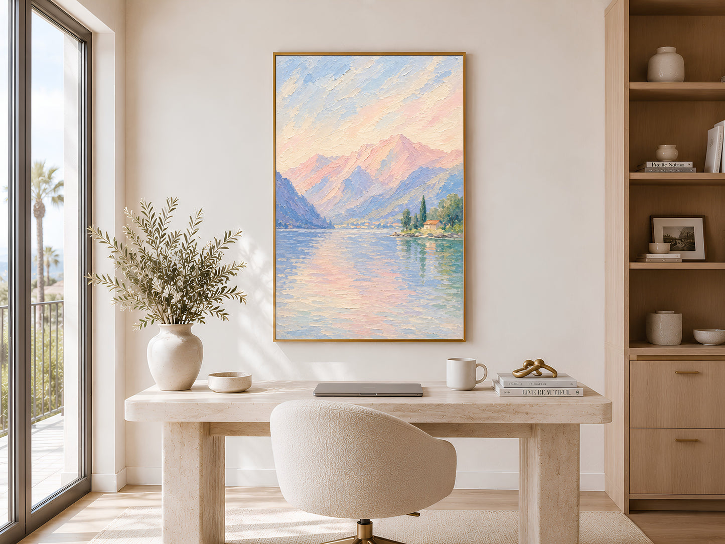 Italian lake painting framed near a window in a bright home office with wood furniture.
