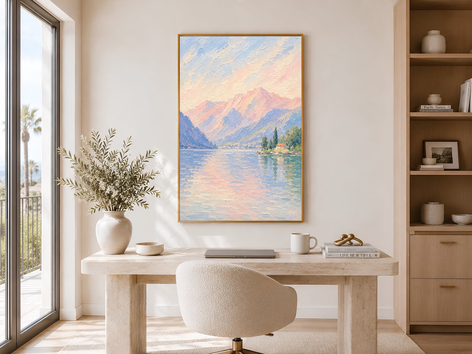 Italian lake painting framed near a window in a bright home office with wood furniture.

