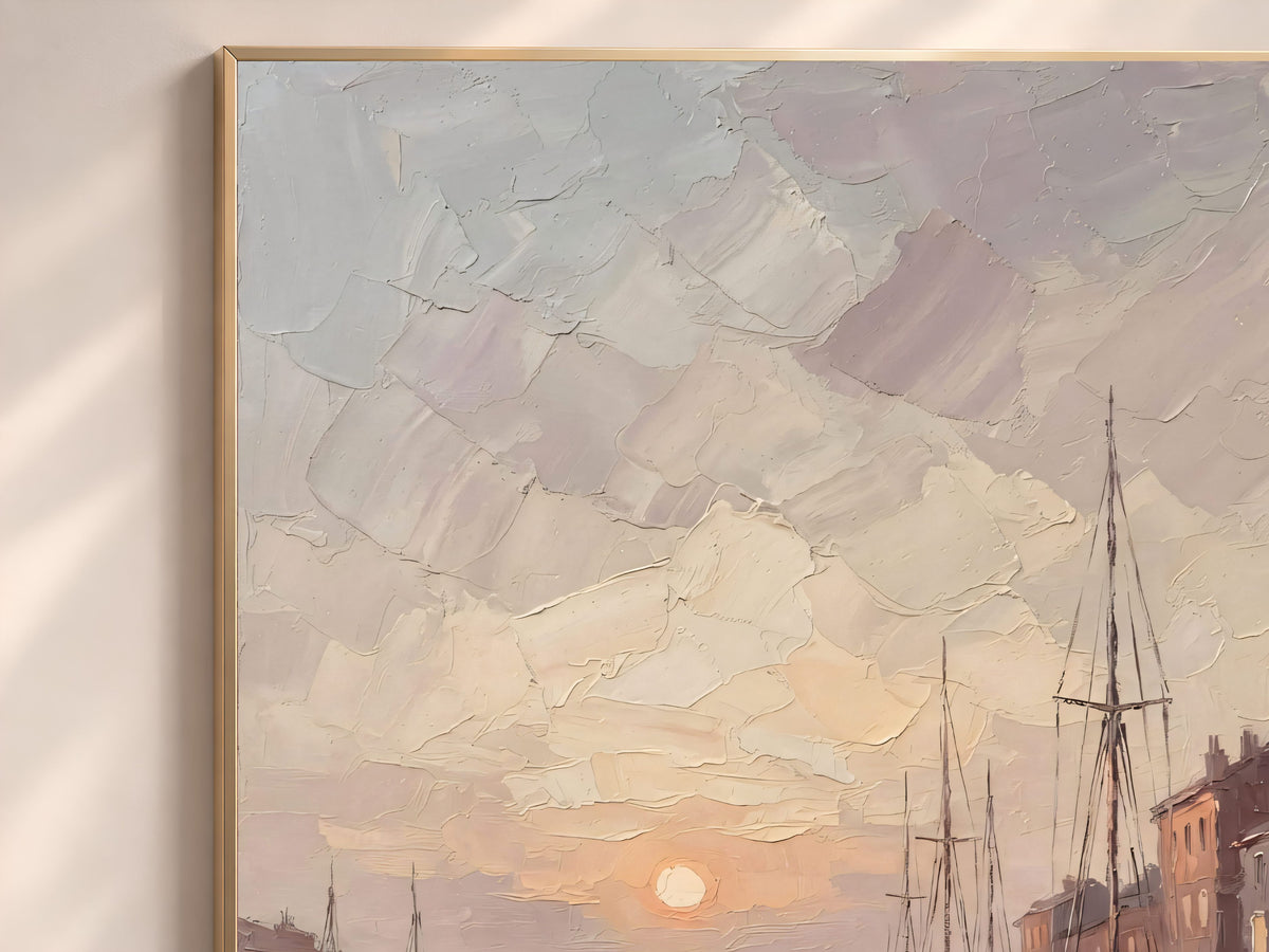 Harbor Sunset Wall Art, Impasto Oil Painting Print - Digital Download