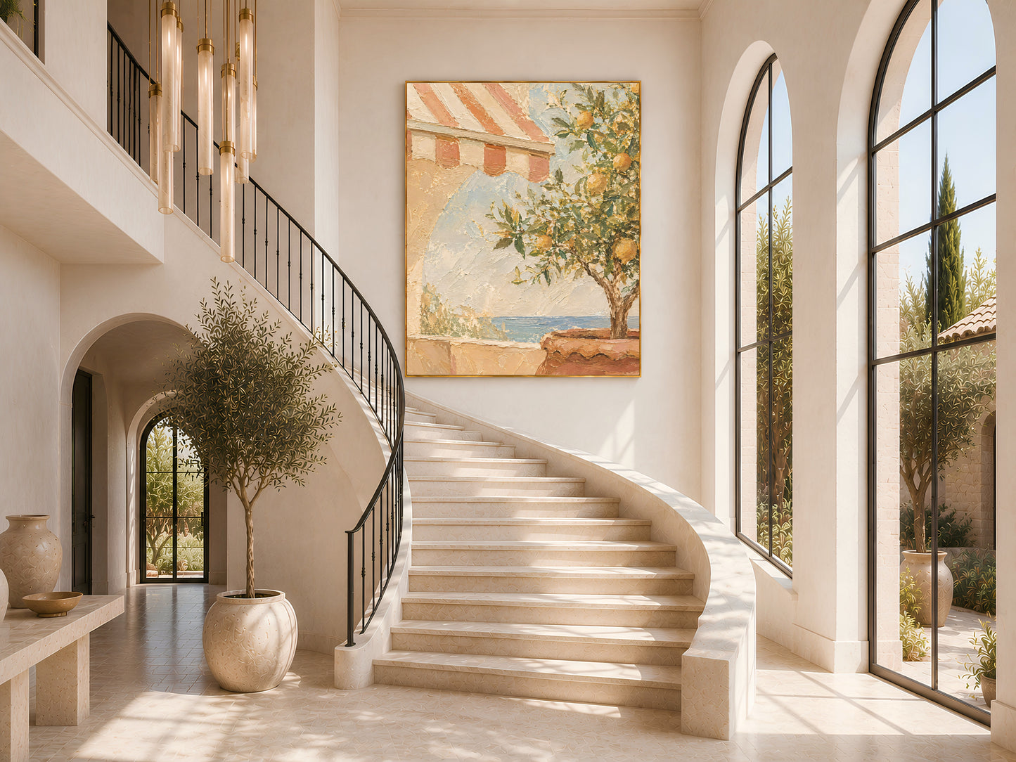 Mediterranean lemon tree wall art framed at the base of a curved staircase with arched windows and natural light
