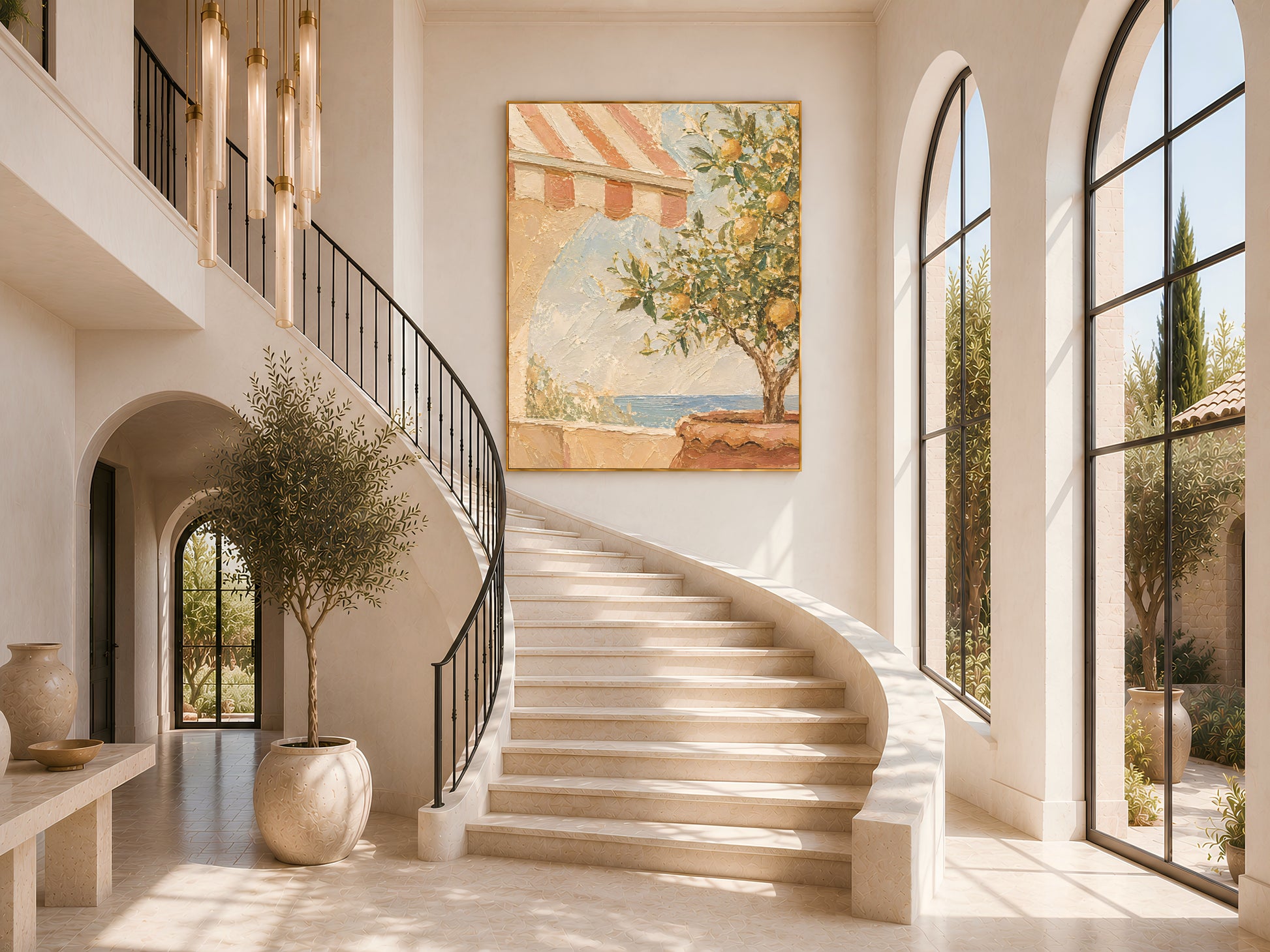Mediterranean lemon tree wall art framed at the base of a curved staircase with arched windows and natural light
