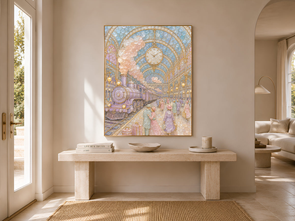 Pastel Vintage Train Station Wall Art, Whimsical Mosaic Print - Digital Download