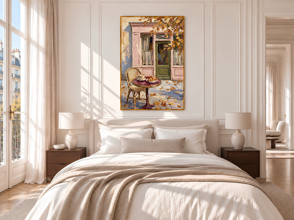 Parisian Cafe Painting Print, Autumn French Bistro Wall Art with Coffee and Croissant, Pink Storefront, Printable Digital Download