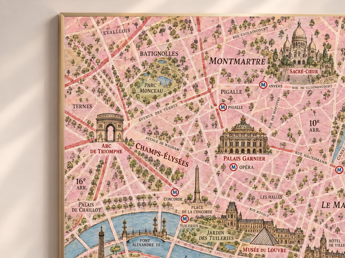 Paris Map Wall Art, Illustrated City Map Print - Digital Download