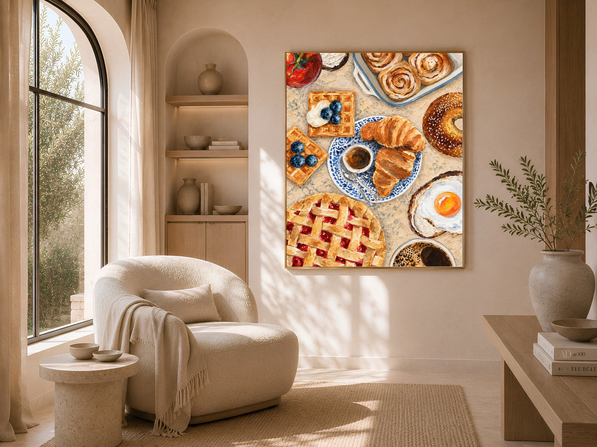 Brunch flat lay wall art above a neutral armchair nook