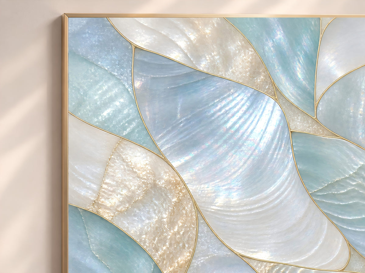 Aqua Mother of Pearl Wall Art, Seafoam Iridescent Shell Print, Coastal Bathroom Decor, Patina Blue Poster, Beach House, Instant Download