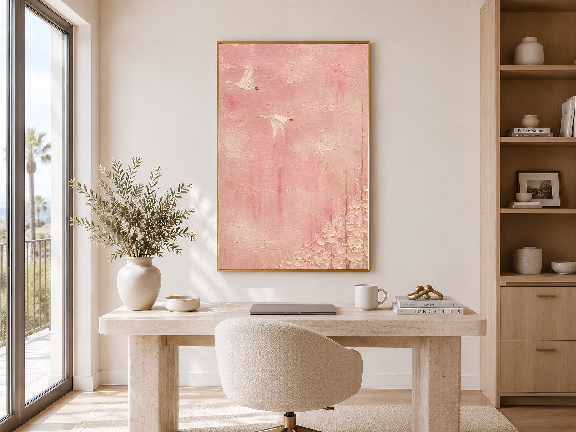 Chinoiserie crane wall art print above dining table near window, pink impasto bird painting digital download
