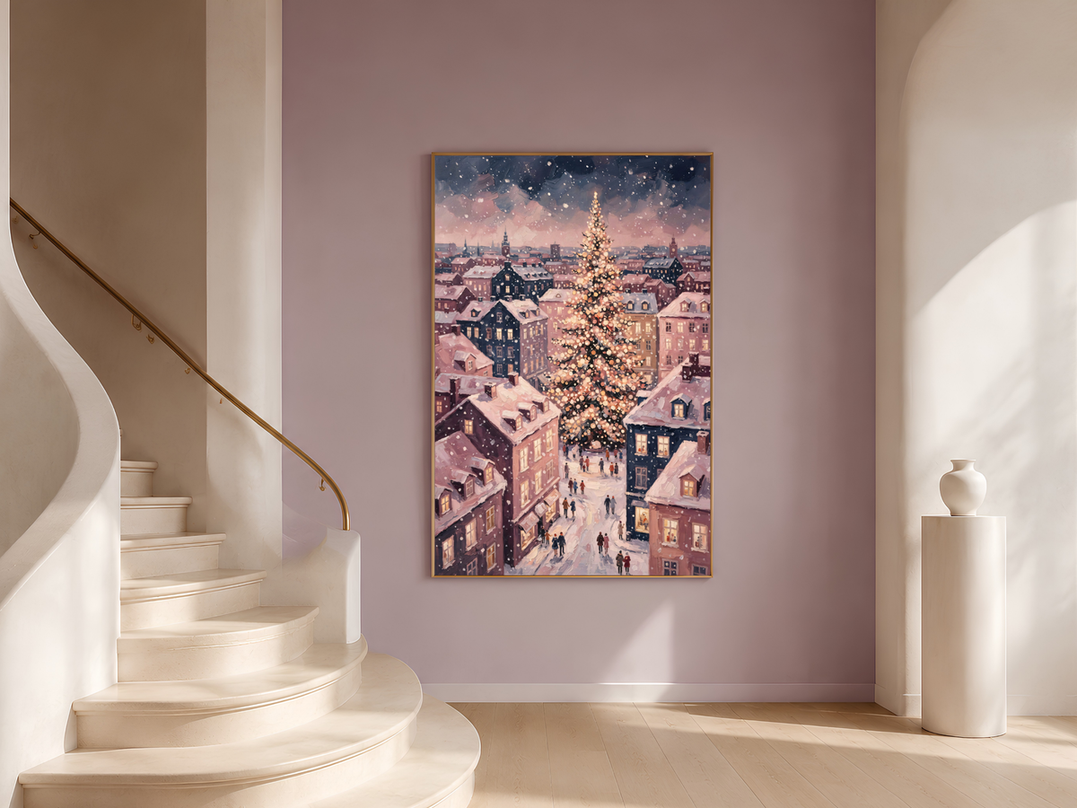 European Christmas Village Wall Art, Snowy Town Square Print - Digital Download