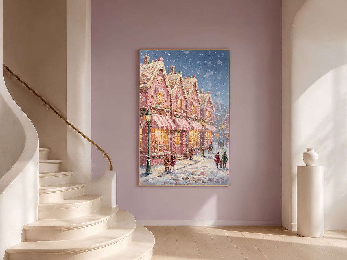 Gingerbread Village Wall Art, Candyland Christmas Street Print - Digital Download