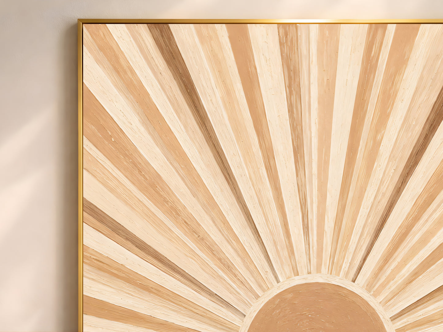 Close-up of impasto sunburst painting showing radiating wood-grain texture in camel, cream, and warm tan brushwork
