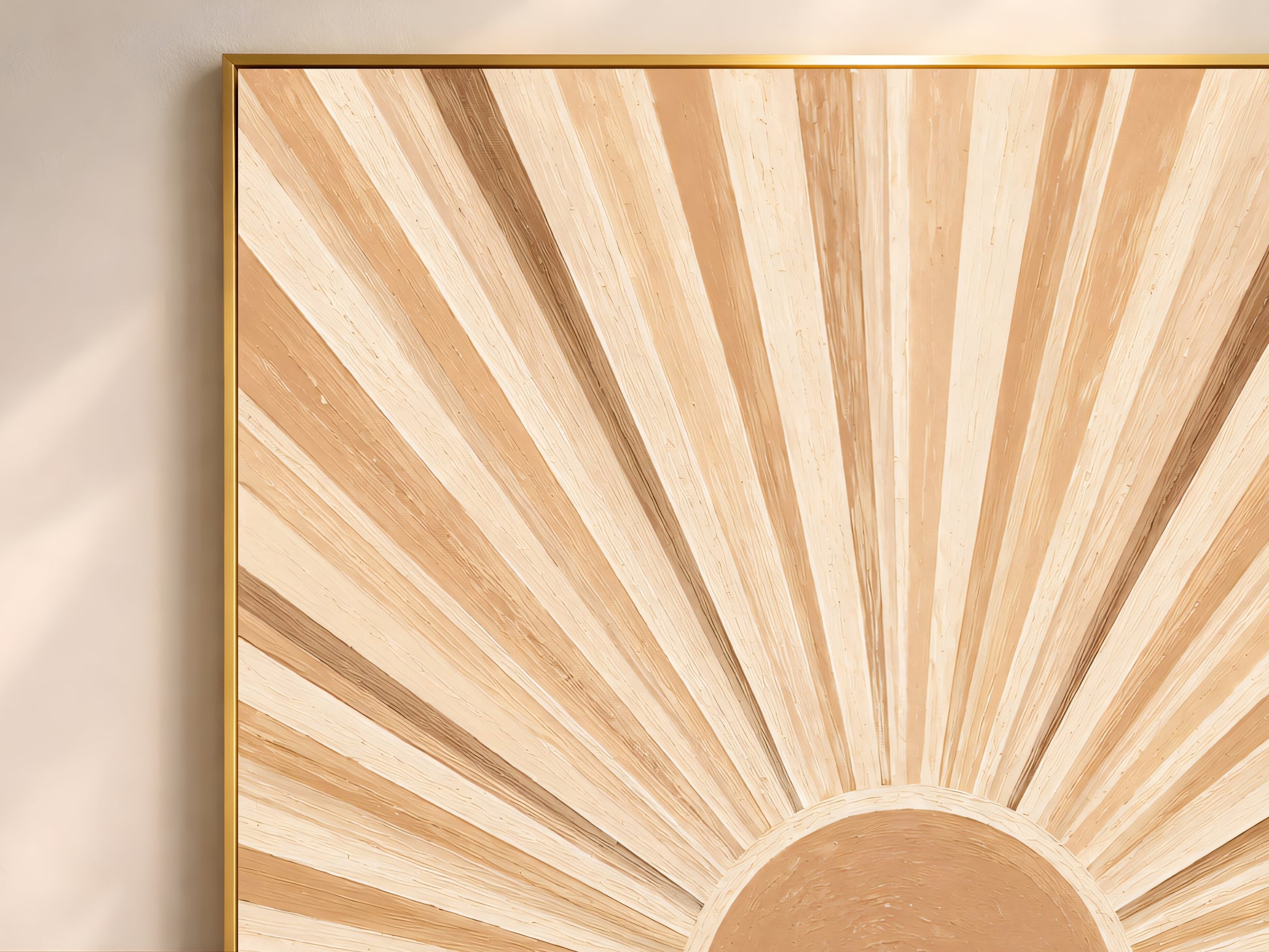 Close-up of impasto sunburst painting showing radiating wood-grain texture in camel, cream, and warm tan brushwork

