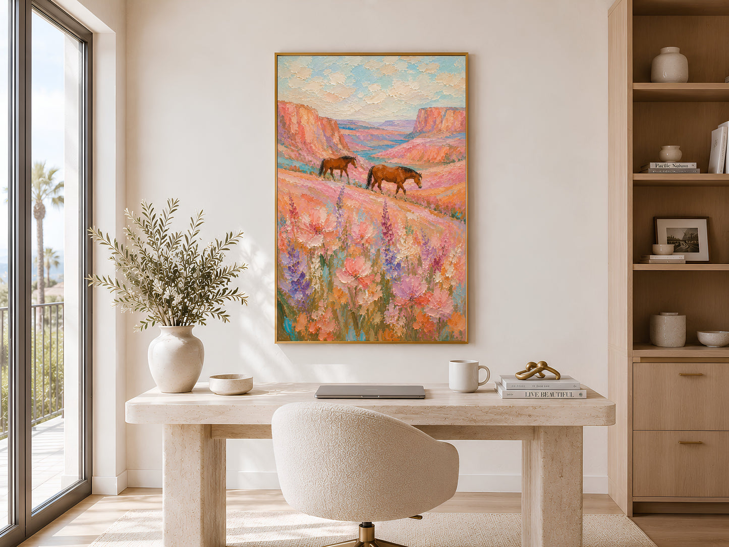 Two chestnut horses walking through a wildflower canyon impasto painting in a gold frame displayed in a bright home office with a round desk, neutral chair, shelving, and large window with natural light
