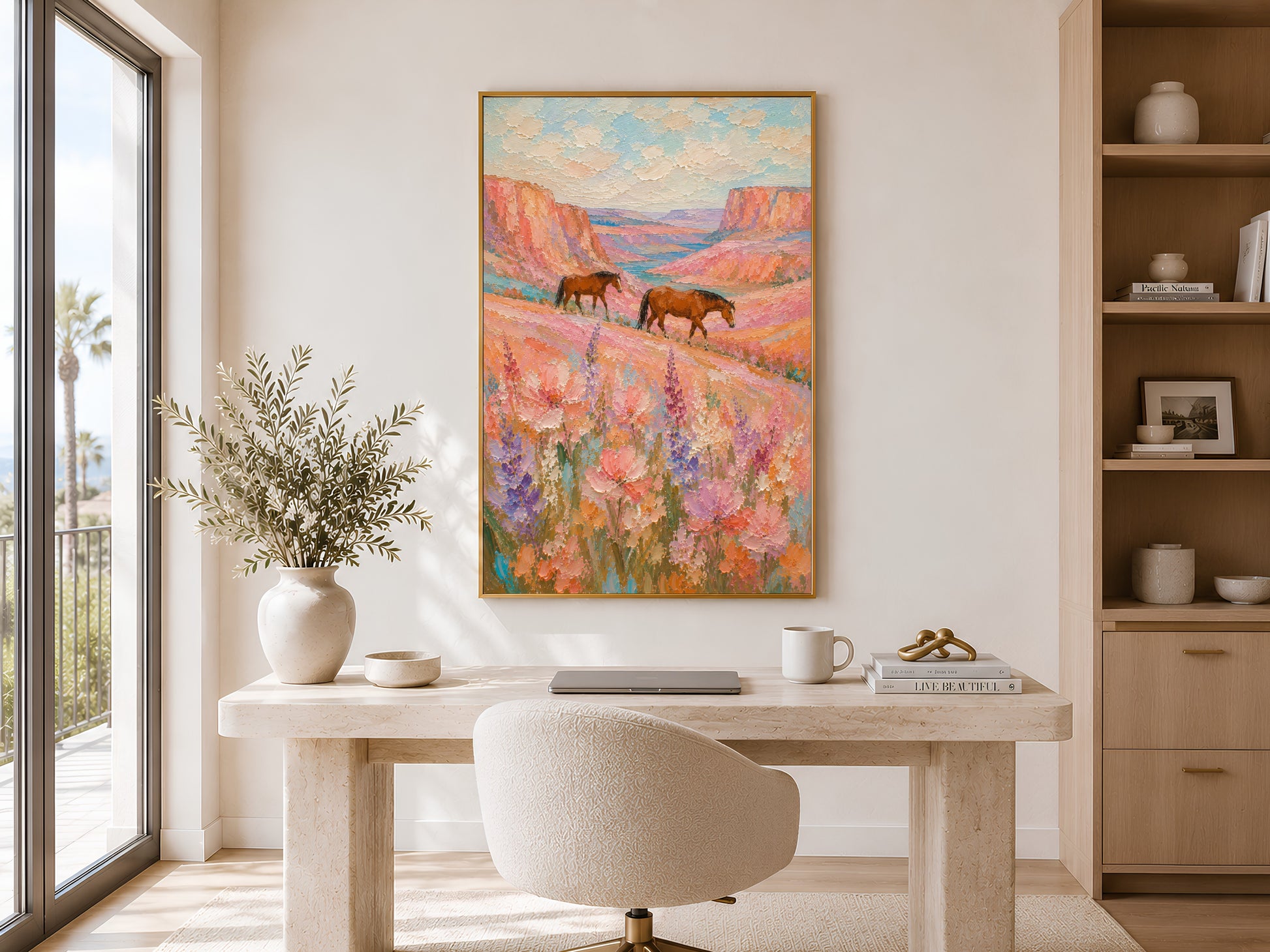 Two chestnut horses walking through a wildflower canyon impasto painting in a gold frame displayed in a bright home office with a round desk, neutral chair, shelving, and large window with natural light
