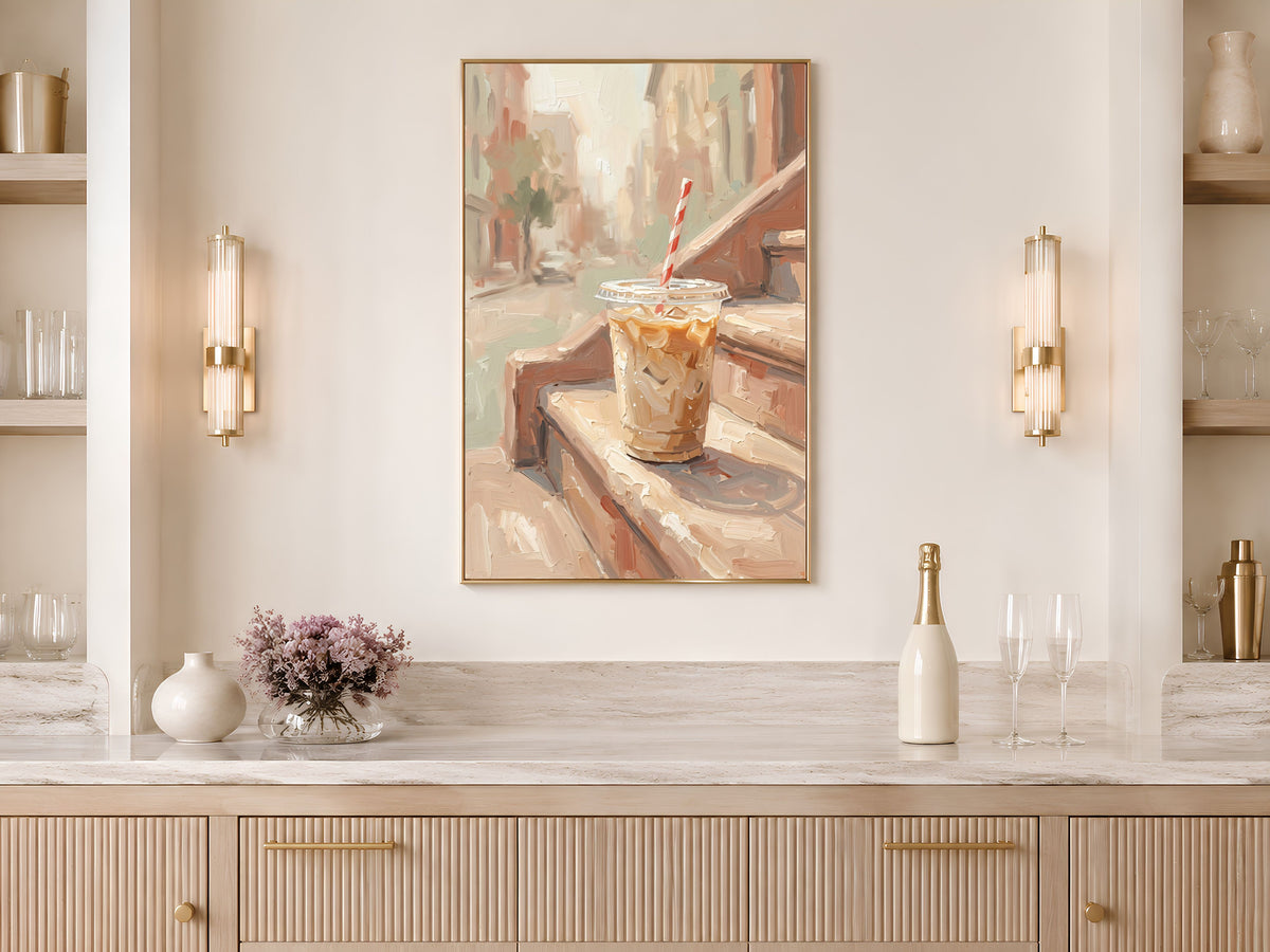 Iced Coffee Wall Art, Impasto Oil Painting Print, Fine Art Still Life Kitchen Decor - Digital Download