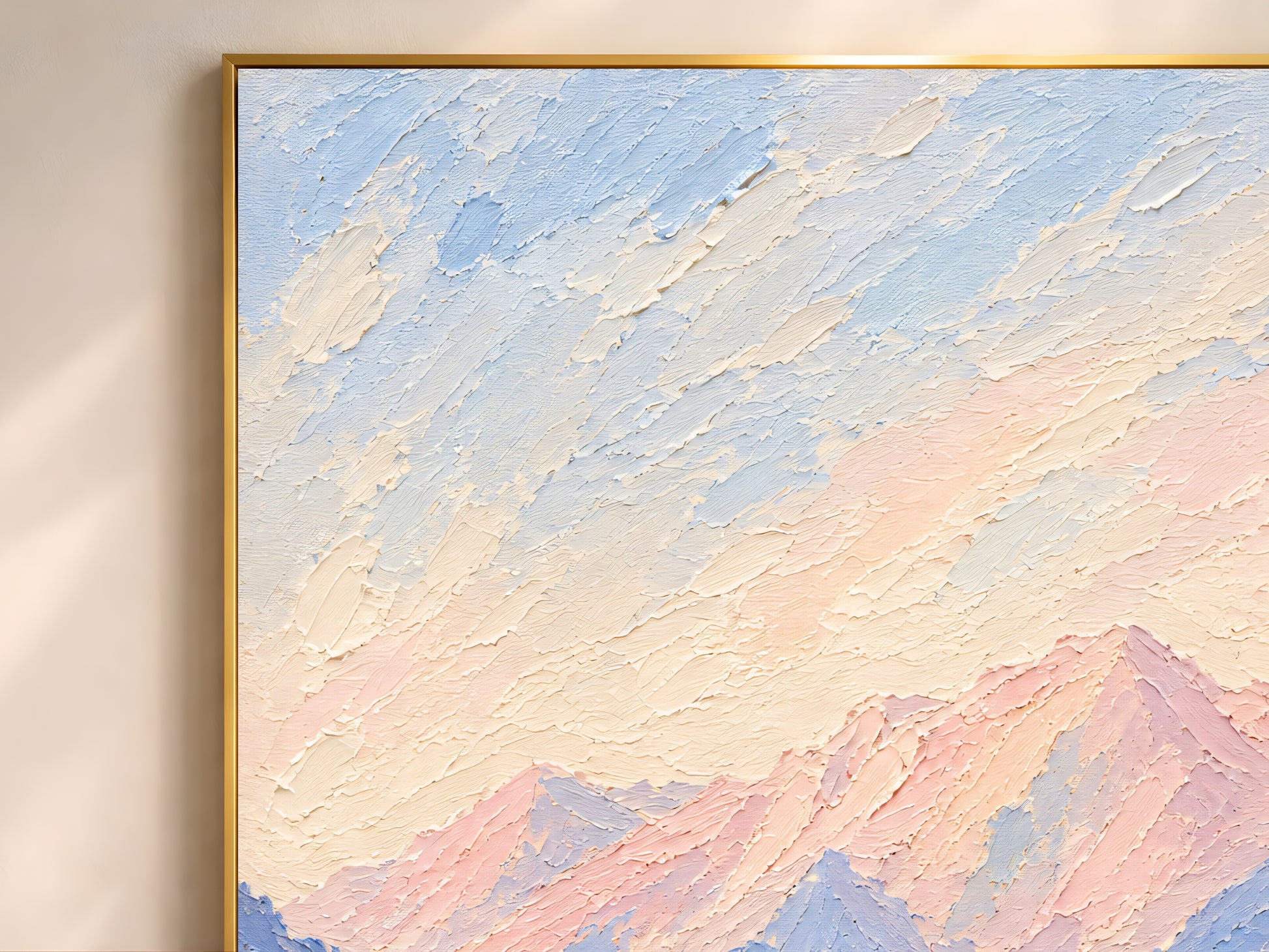 Close-up of impasto oil painting texture in pink, lavender, and periwinkle brushstrokes on Lake Como wall art print.
