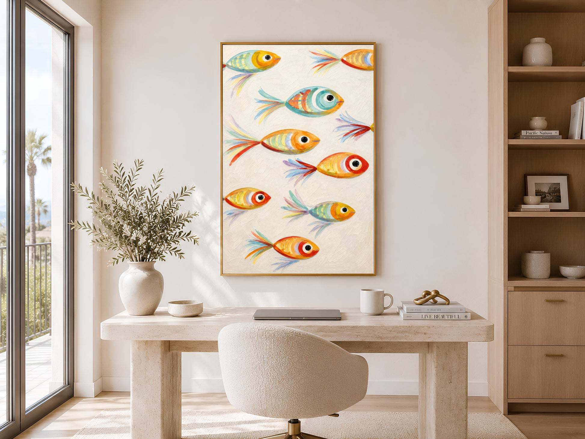 Framed impasto whimsical fish print on warm beige wall in minimal dining room with round table and open shelving
