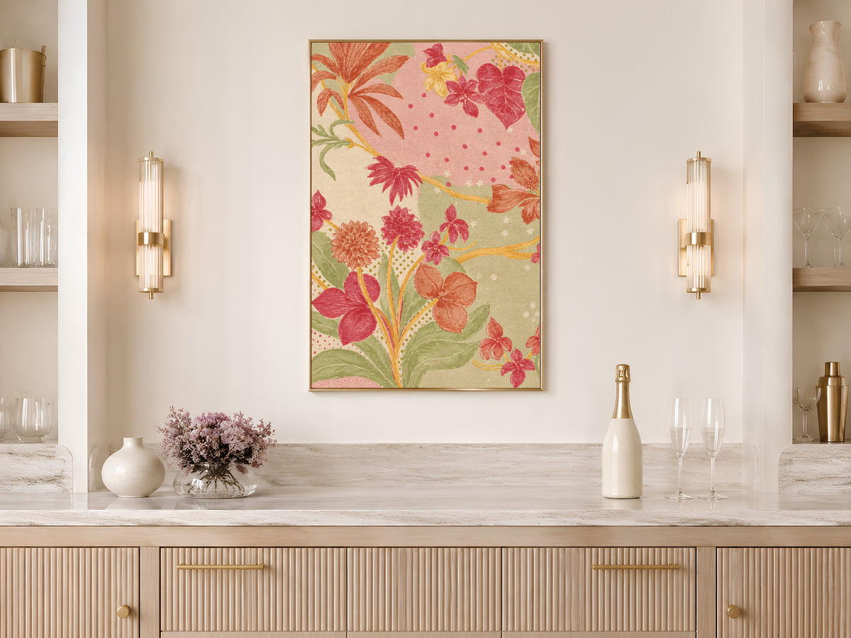 Pink and Green Block Print Style Floral Art, Vintage Linen Textile Flower Print, Grandmillennial Botanical Wall Art, Printable Download