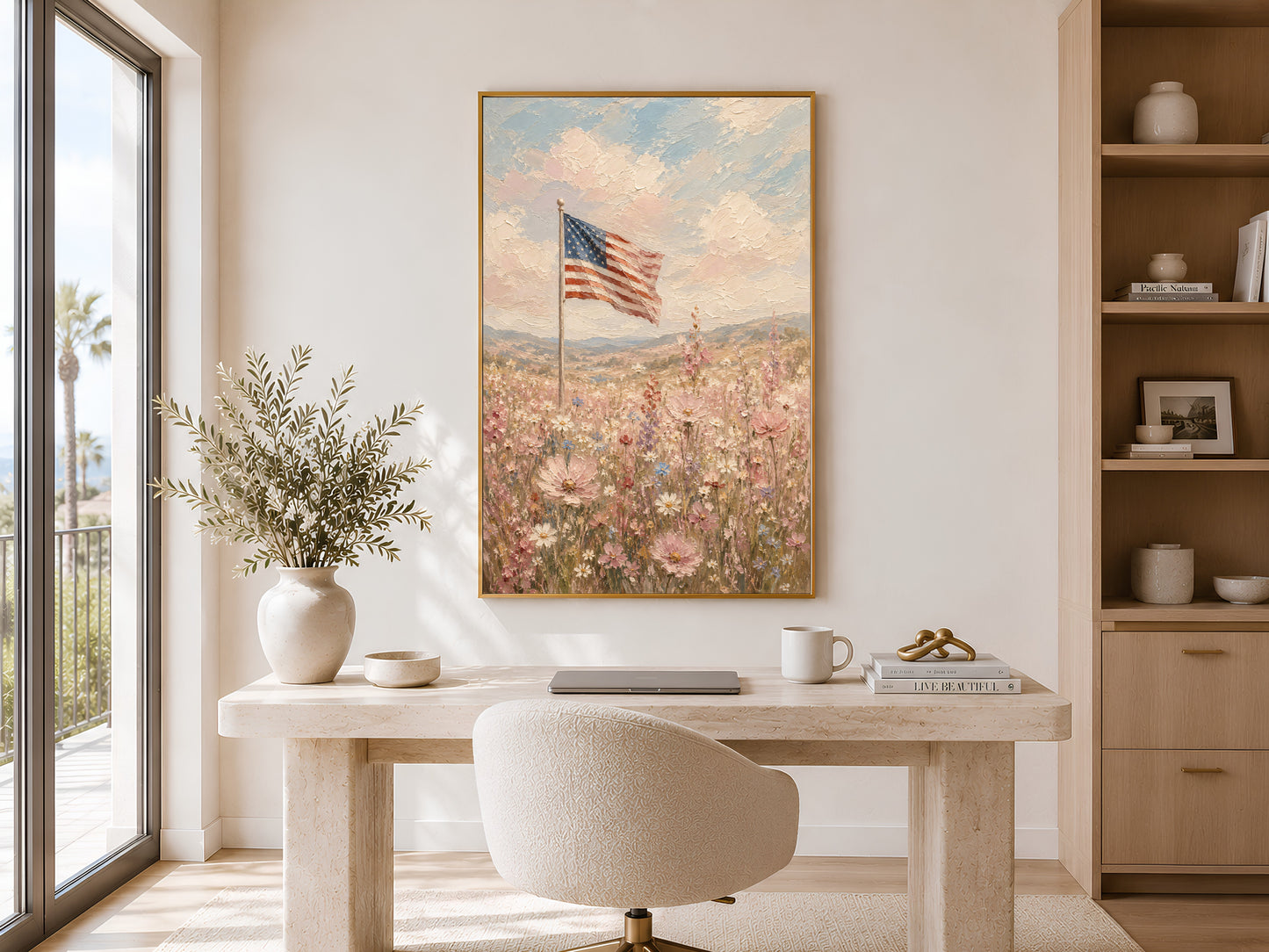 American flag wildflower field impasto painting in a gold frame displayed in a bright home office with a round white desk, neutral chair, shelving, and large window with warm natural light
