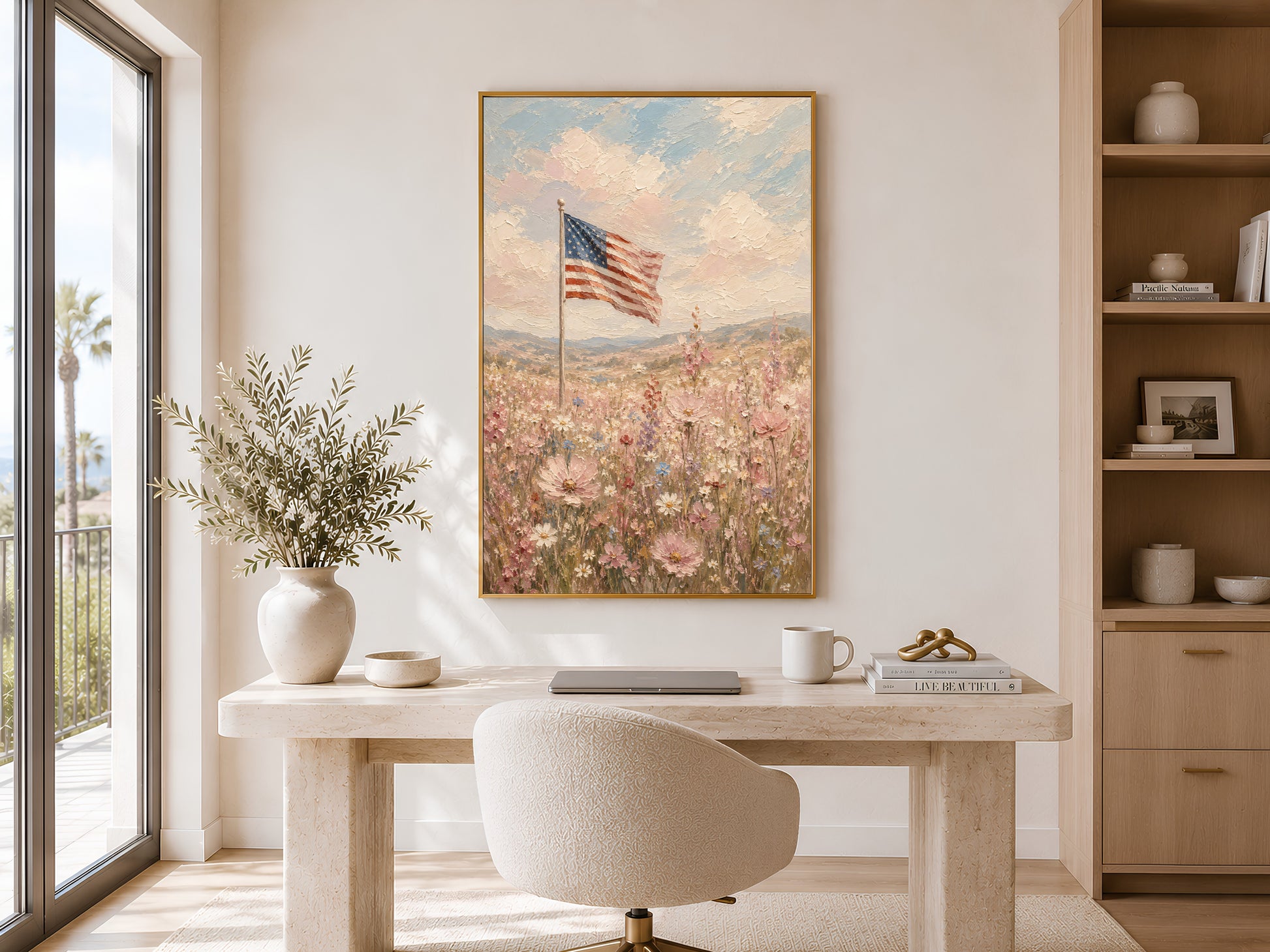 American flag wildflower field impasto painting in a gold frame displayed in a bright home office with a round white desk, neutral chair, shelving, and large window with warm natural light

