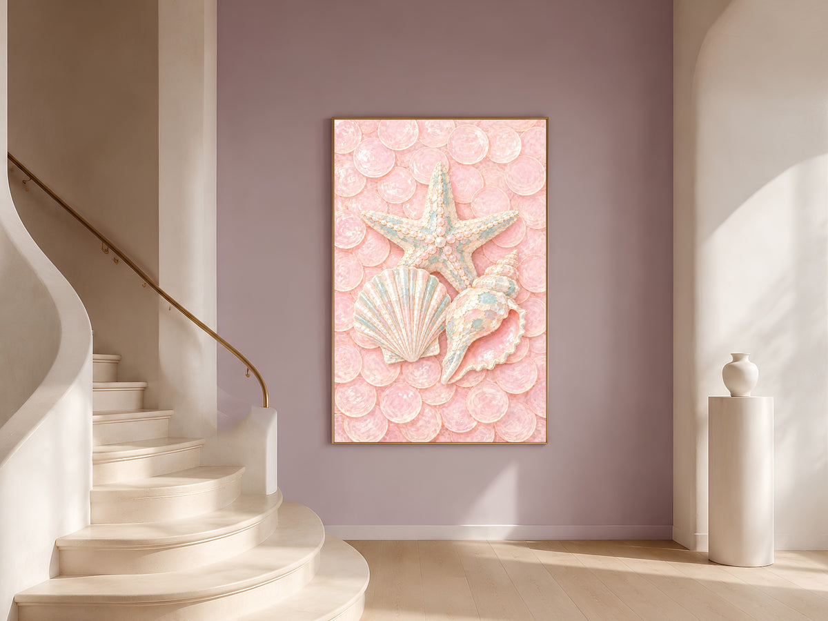 Pink Coastal Seashell Print, Starfish Scallop Conch Wall Art - Digital Download