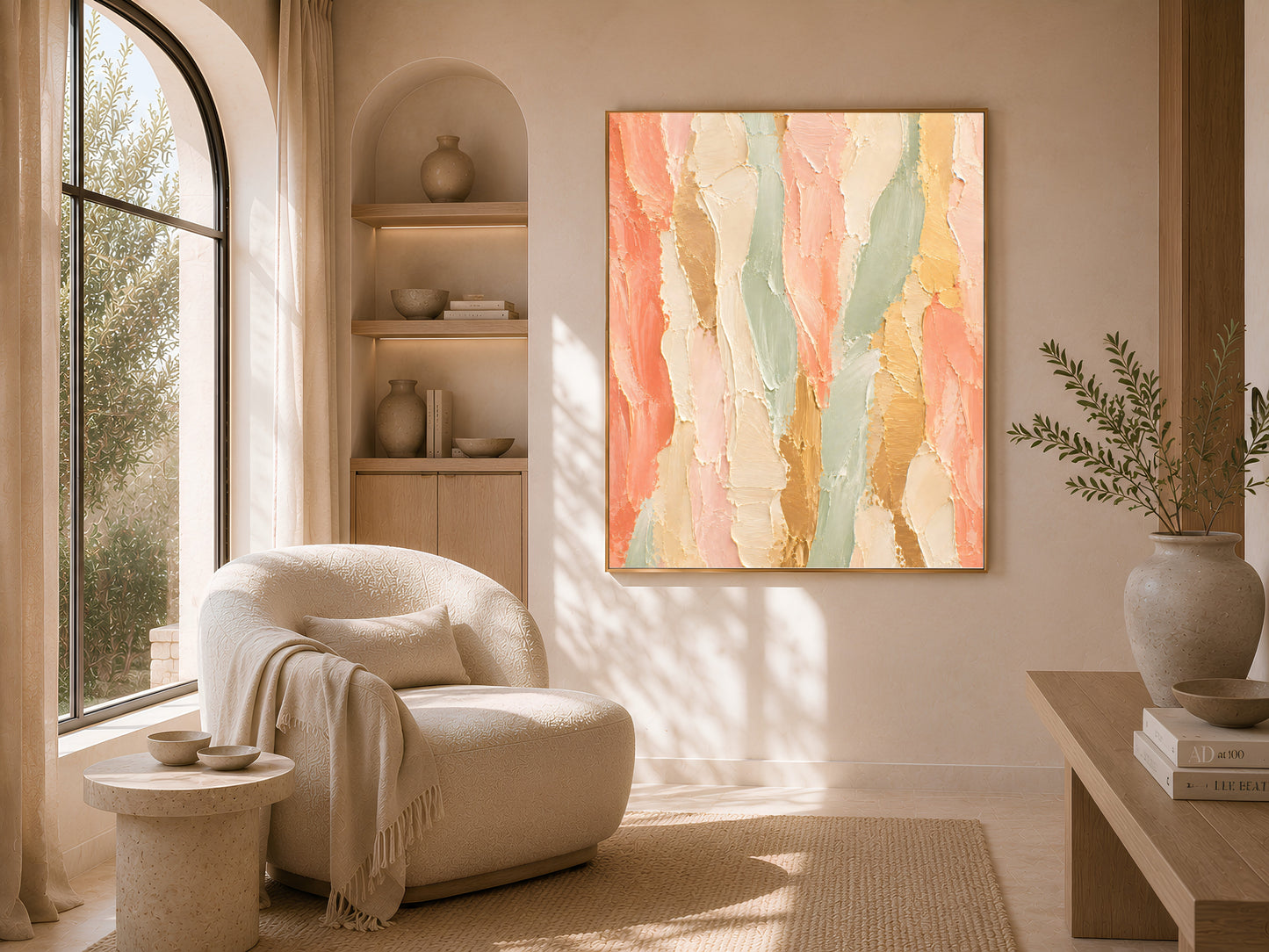 Framed coral sage gold abstract wall art print above a sofa in a sunlit living room with arched shelving