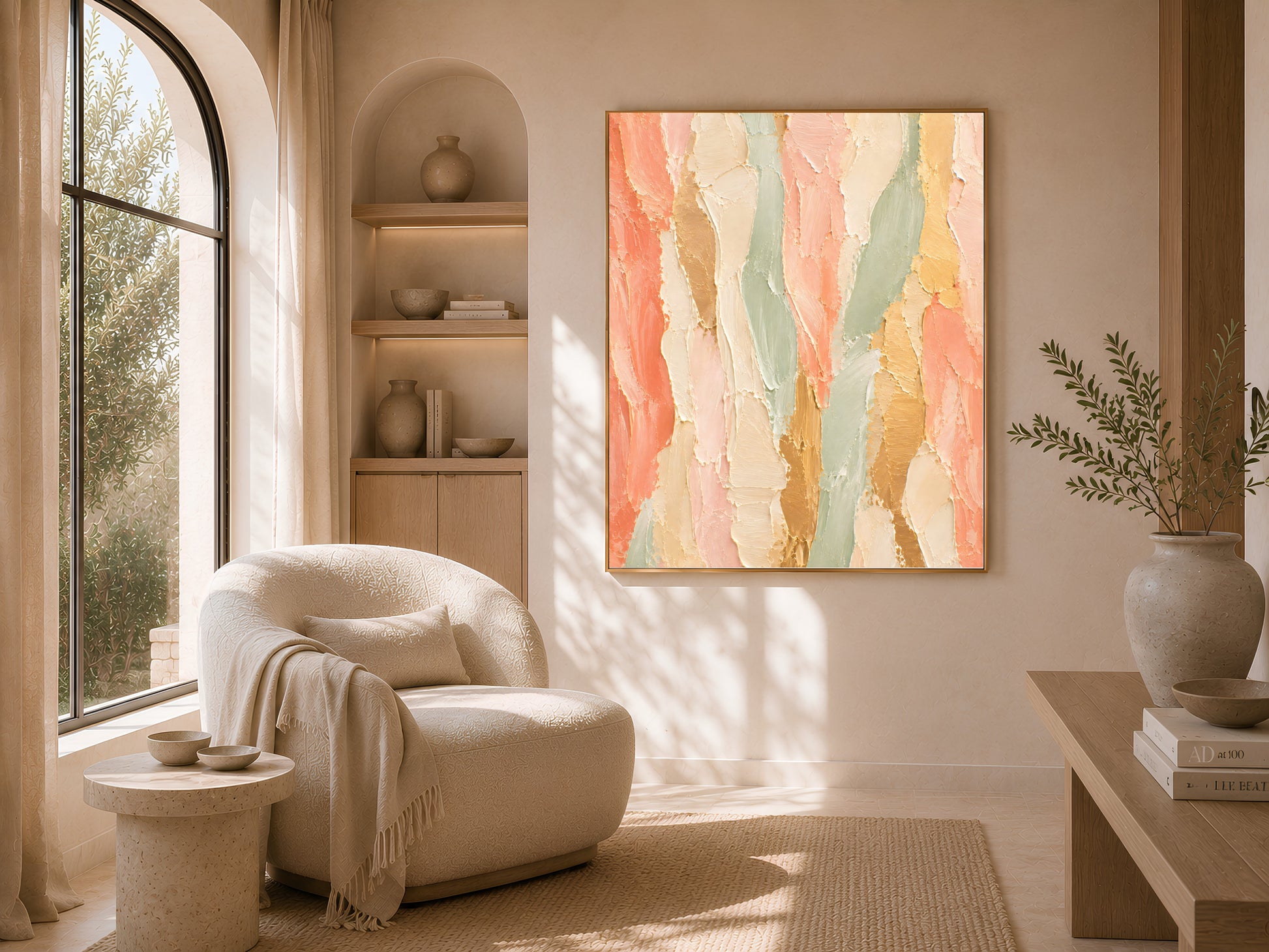 Framed coral sage gold abstract wall art print above a sofa in a sunlit living room with arched shelving